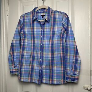 Talbots Shirt Womens Medium Petite Blue Plaid Easter Pastel Long Sleeve Preppy